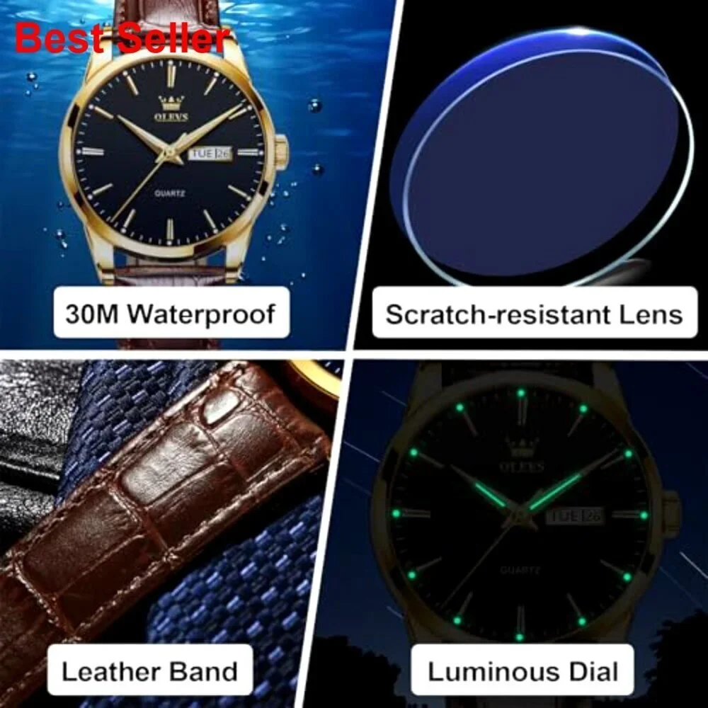 Men's Leather Watch Stainless Steel Day Date Waterproof Luminous